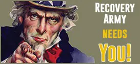 Uncle Sam pointing and text: RECOVERY ARMY NEEDS YOU!